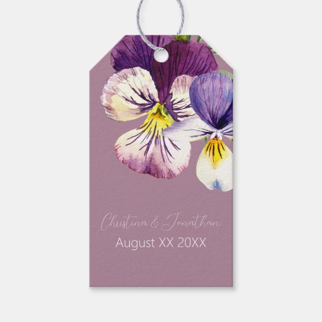 Romantiska akvarellviolor på dammig lila presentetikett (Framsidan)