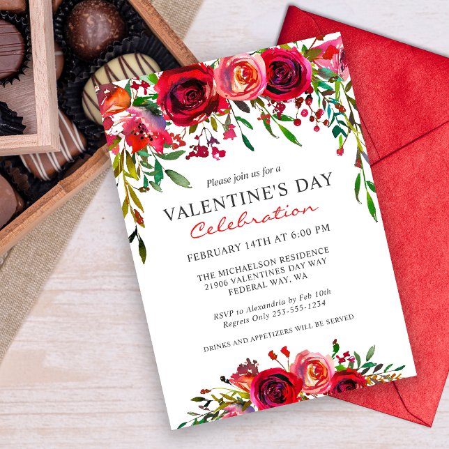 Romantiska Alla hjärtans dag Watercolor Blommigt P Inbjudningar (Valentine Party Invitation)