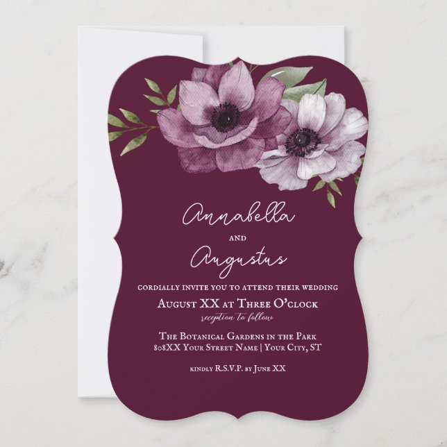 Romantiska Anemoner på Merlot Inbjudningar (Framsida)