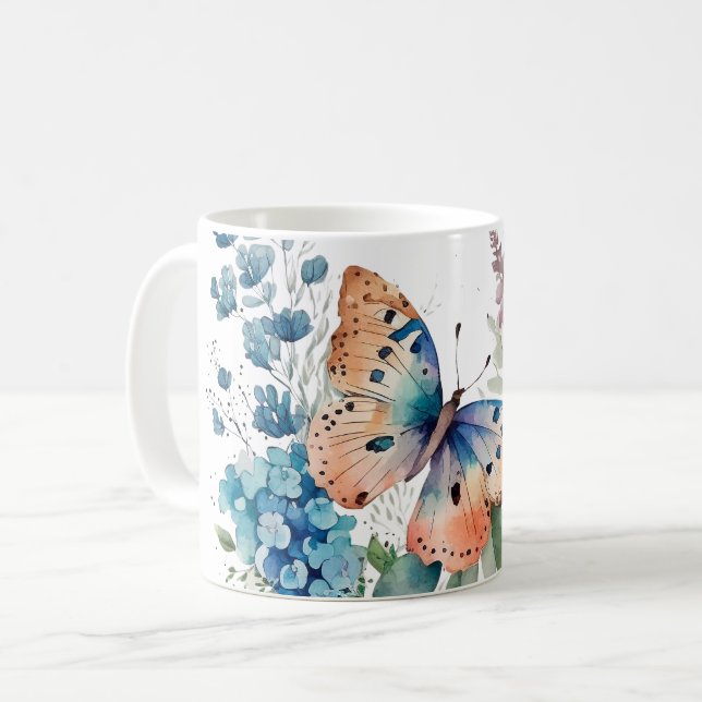 Romantiska ängblommor och fjäril kaffemugg (Framsida vänster)