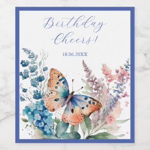 Romantiska ängblommor och fjäril vinflaska etikett