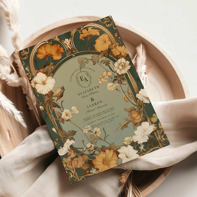 Romantiska Art nouveau Botaniska Ram Bröllop Inbjudningar (Skapare uppladdad)