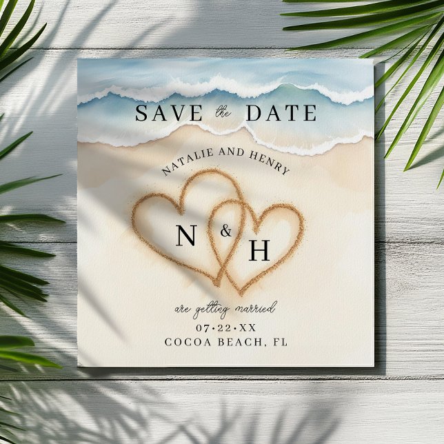 Romantiska Beach Hearts Spara datumet | Vattenfärg (Tropical Save The Date Card)