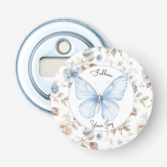 Romantiska Blå Blommor Bruna Löv Fjäril Flasköppnare (Framsidan)