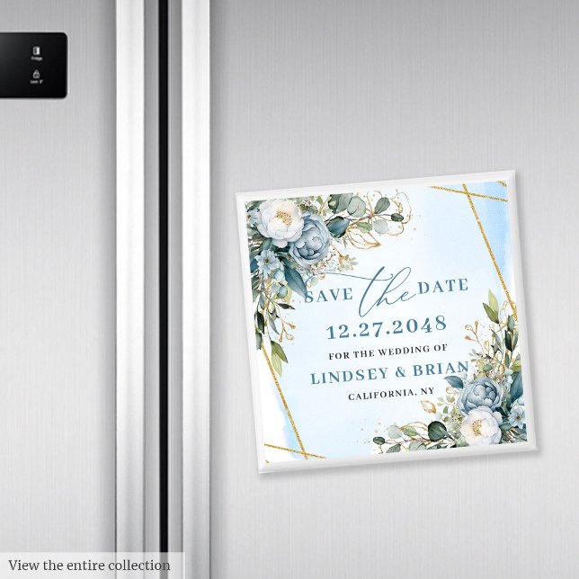 Romantiska Blå Blommor Eukalyptus Spara Datum Magnet (Romantic Blue Flowers Eucalyptus Save The Date Magnet

)