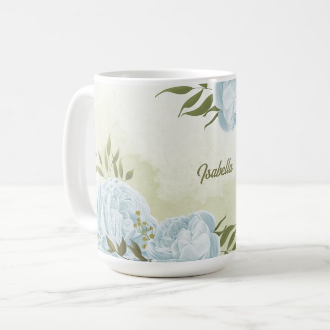 romantiska blå blommor & gröna blad botaniska kaffemugg (Framsida vänster)