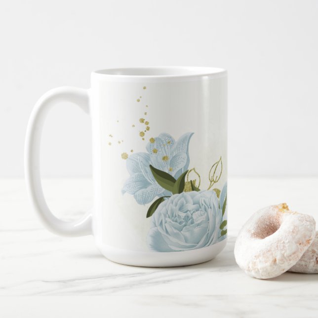 romantiska blå blommor & gröna blad botaniska kaffemugg (Med munk)