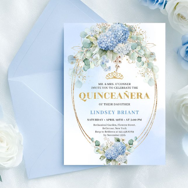 Romantiska Blå Blommor Guld 15-års Födelsedagsinbj Inbjudningar (Romantic Blue Flowers Gold 15th Birthday Invitation)