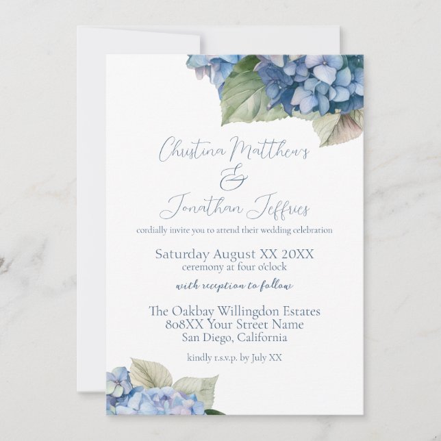 Romantiska blå hortensia blommor inbjudningar (Framsida)