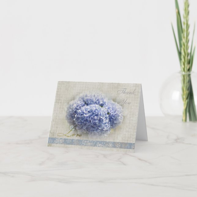 Romantiska blå hortensia tack kort (Framsida)