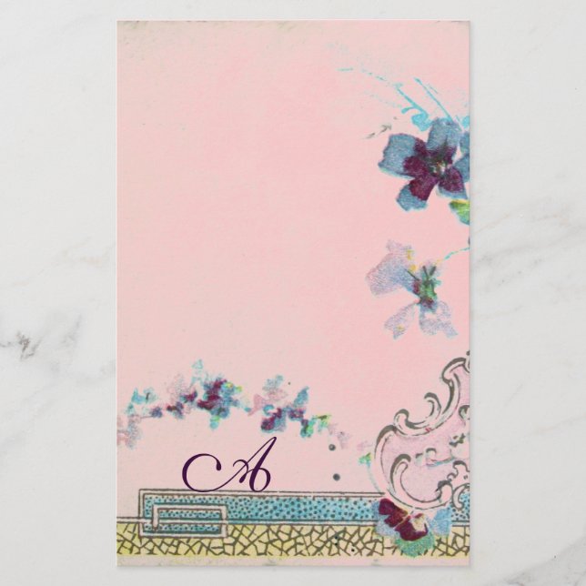 ROMANTISKA Blå Rosa Bröllop Blommig Monogram Brevpapper (Framsida)