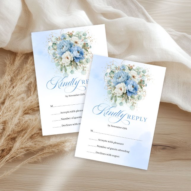 Romantiska Blå Vita Peonies Eukalyptus Bröllops RS OSA Kort (Romantic Blue White Peonies Eucalyptus Wedding RSVP)