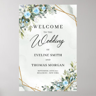 Romantiska Blåa blommor och eukalyptus guld bröllo Poster
