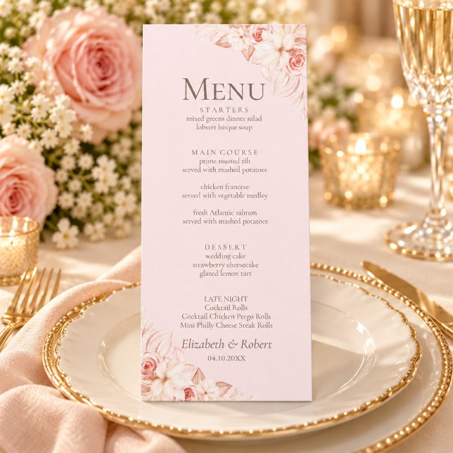 Romantiska bleka rosa rosor bröllopsmeny meny (Romantic Pale Pink Roses Wedding Menu)