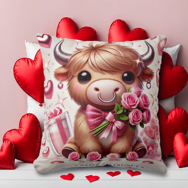 Romantiska blodkroppar Highland Cow Valentine Kudde (Skapare uppladdad)