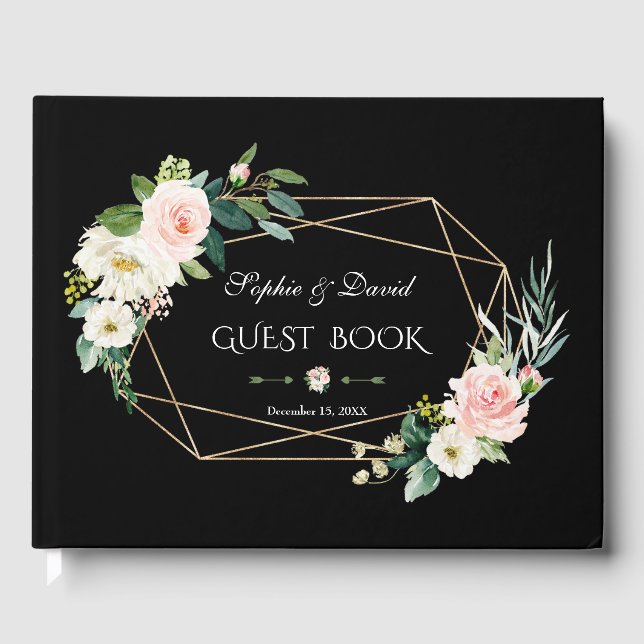 Romantiska  blommor Guld Ram Svarta Bröllop Gästböcker (Framsida)