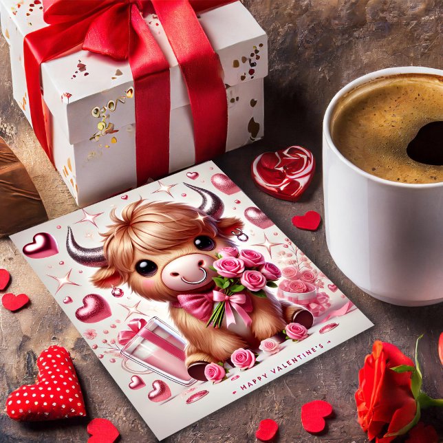 Romantiska Blommor Highland Ko Alla Hjärtans Dag Julkort (Skapare uppladdad)