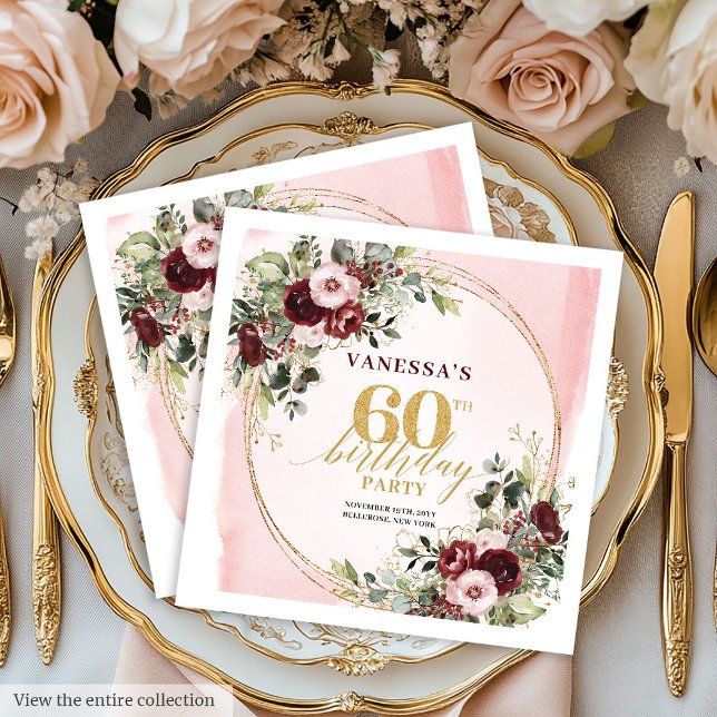 Romantiska Blush Guld Rosor Boho 60 Födelsedagsser Pappersservett (Elegant Boho Burgundy Gold Floral 60th Napkins)