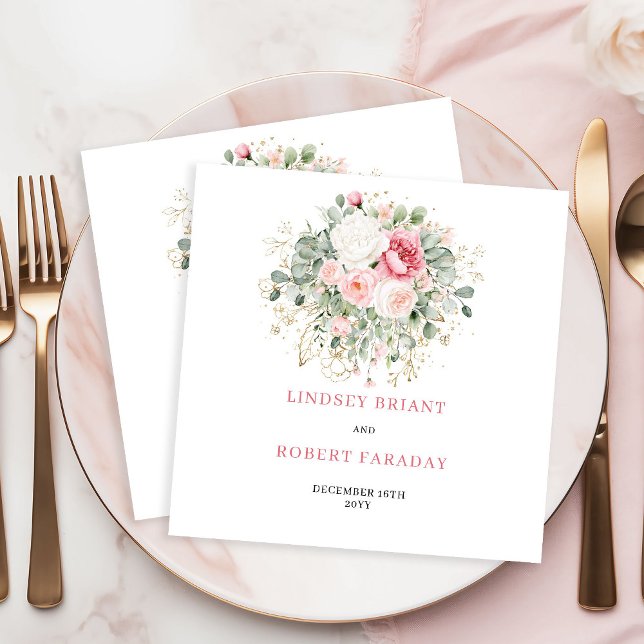 Romantiska Blush Rosor Grönska Bröllopsservetter Pappersservett (Romantic Blush Roses Greenery Wedding Napkins)