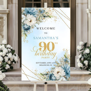 Romantiska boho blå blommor guld ram 90 födelsedag poster