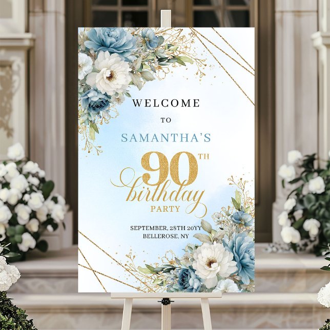 Romantiska boho blå blommor guld ram 90 födelsedag poster (Romantic boho blue florals gold frame 90th birthday

)