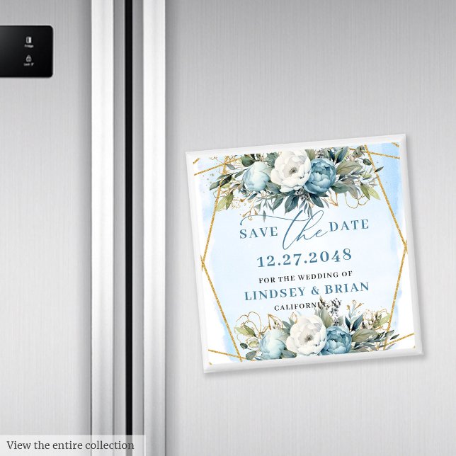 Romantiska Boho Blå Och Vita Pioner Spara Datum Magnet (Romantic Blue And White Peonies Save The Date Magnet

)
