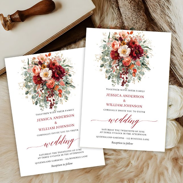 Romantiska Boho Burgunder Blommor Höst Bröllop  Inbjudningar (Romantic Boho Burgundy Flowers Autumn Wedding Invite

)