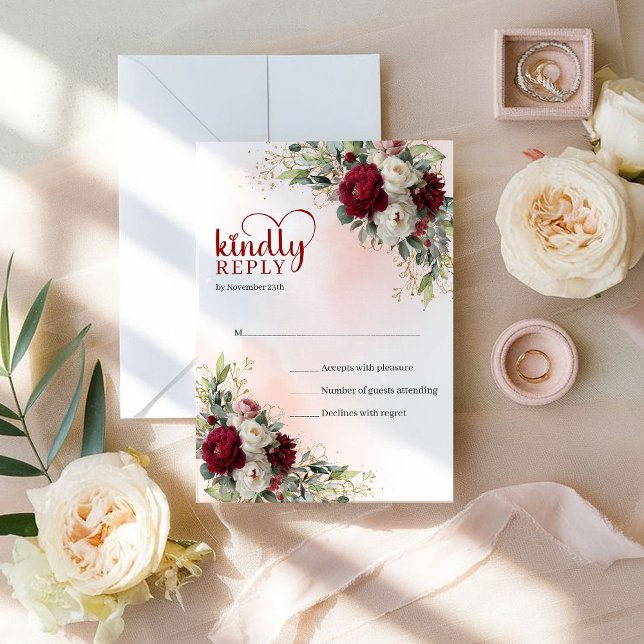 Romantiska Boho Burgunder Vita Blommor Guld Bröllo OSA Kort (Romantic Boho Burgundy White Flowers Gold Wedding RSVP)