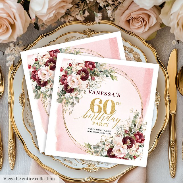 Romantiska Boho Burgunderröda Roser 60-års Födelse Pappersservett (Romantic Boho Burgundy Roses 60th Birthday Napkins

)