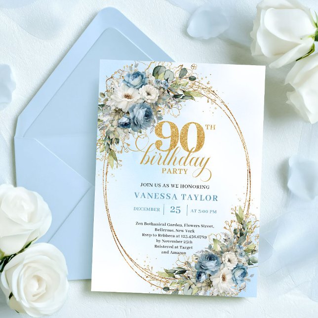 Romantiska Boho Dammtorbla Blommor 90-årsdag Inbjudningar (Romantic Boho Dusty Blue Flowers 90th Birthday)