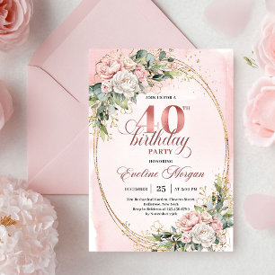 Romantiska Boho Dammtrosa Blommor 40-års Födelseda Inbjudningar