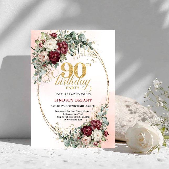 Romantiska Boho Djupröda Blommor Guld 90-årsdag Inbjudningar (Romantic Deep Red Flowers Gold 90th Birthday Invite)