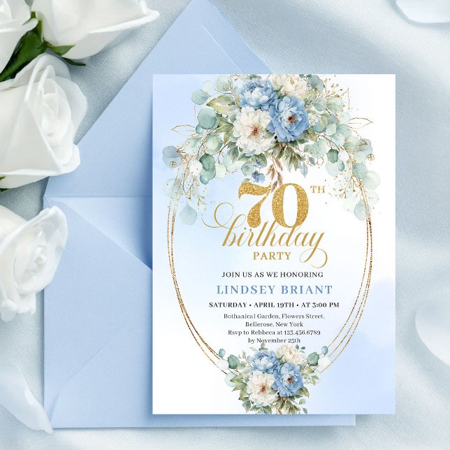 Romantiska Boho Ljusblå Blommor 70-årsdag  Inbjudningar (Romantic Boho Light Blue Flowers 70th Birthday Invite

)