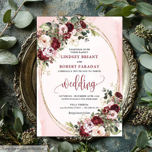 Romantiska Boho Marsala Blush Guld Rosor Bröllop Inbjudningar