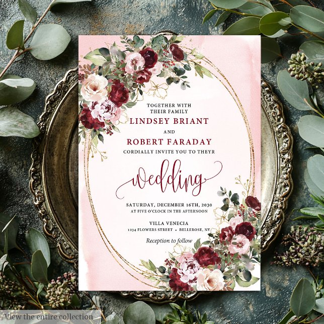 Romantiska Boho Marsala Blush Guld Rosor Bröllop  Inbjudningar (Romantic Boho Marsala Blush Gold Roses Wedding Invite

)