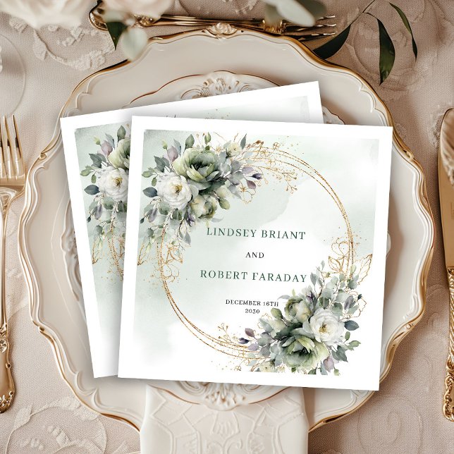 Romantiska Botaniska Guld Blommiga Bröllopsservett Pappersservett (Romantic Botanical Gold Floral Wedding Napkins)