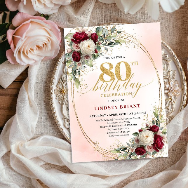 Romantiska Burgundy Akvarell Blommor 80-årsdag Inbjudningar (Romantic Burgundy Watercolor Flowers 80th Birthday Invite)