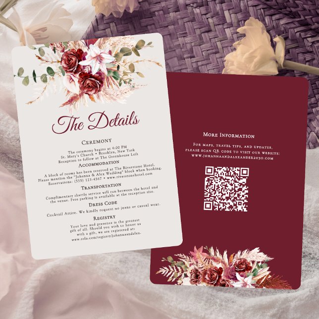 Romantiska Burgundy & Blush QR-kod Bröllopsdetalje Tilläggskort (Skapare uppladdad)