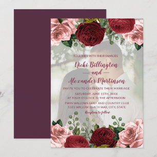 Romantiska Burgundy Rosenskära Blommiga Foto Bröll Inbjudningar