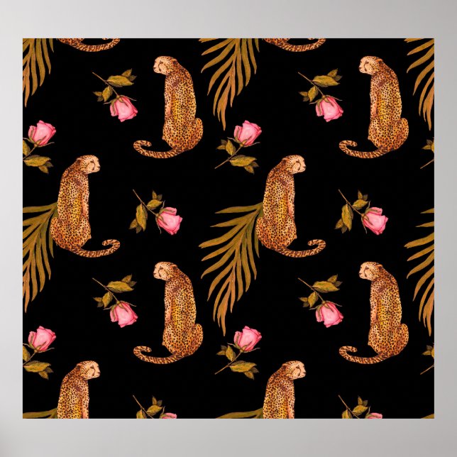 Romantiska cheetahs: vattenfärgssömlös mönster. poster (Framsidan)