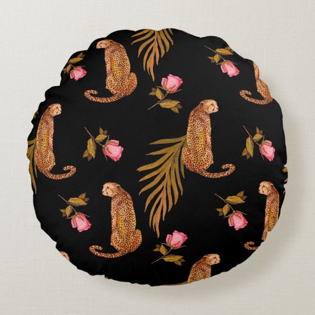 Romantiska cheetahs: vattenfärgssömlös mönster. rund kudde (Framsidan)