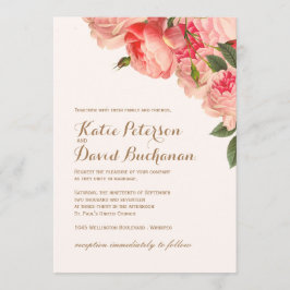 Romantiska Coral Peonies på inbjudan till Guld-brö