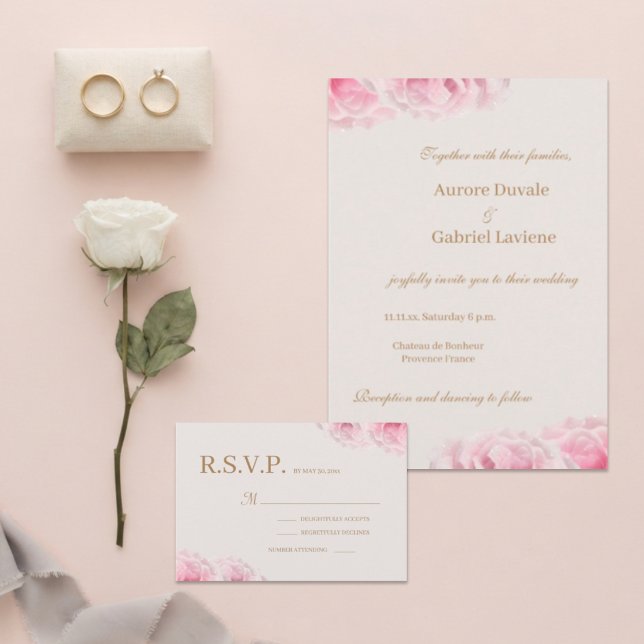 Romantiska Daggiga Rosa Äkta Rosor Bröllop RSVP Inbjudningar (Skapare uppladdad)
