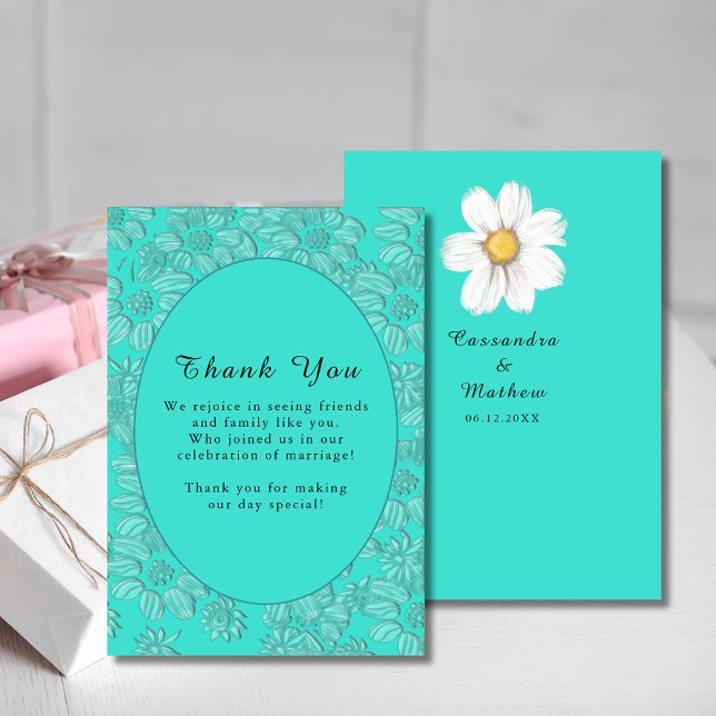 Romantiska Daisy Blommigt Turquise Bröllop Tack Kort (Blush Pink Rose Floral Watercolor Wedding Thank You Card)