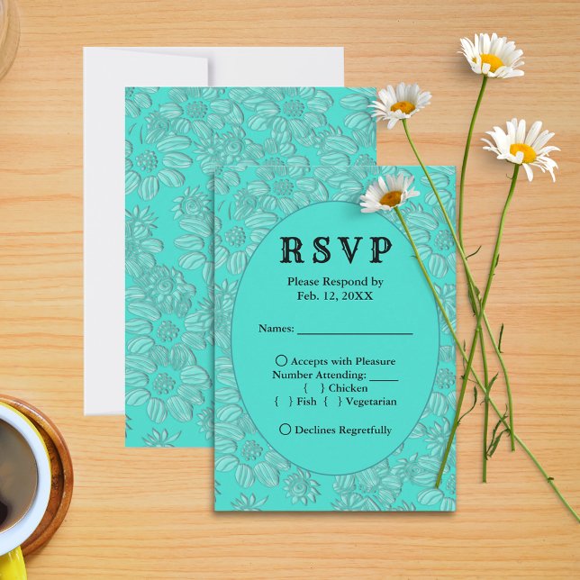 Romantiska Daisy Menykort för turkos-Bröllop OSA (Romantic Daisies Turquoise Wedding RSVP Menu Card)