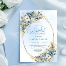 Romantiska dammiga blå blommor bröllopsfestinbjuda