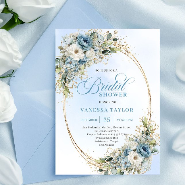 Romantiska dammiga blå blommor bröllopsfestinbjuda inbjudningar (Romantic Dusty Blue Flowers Bridal Shower Invitation)