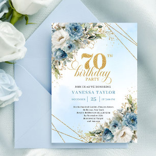 Romantiska dammiga blå blommor guld ram 70 födelse inbjudningar