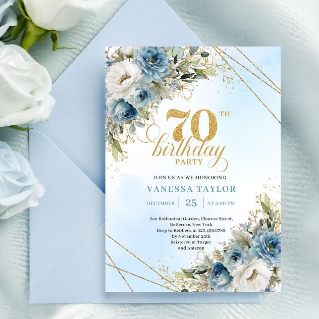 Romantiska dammiga blå blommor guld ram 70 födelse inbjudningar (Romantic dusty blue florals gold frame 70th birthday

)
