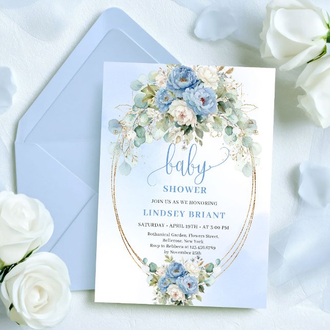 Romantiska dammiga blå peonier Eukalyptus Guld Dus Inbjudningar (Romantic Dusty Blue Peonies Eucalyptus Shower Invite

)